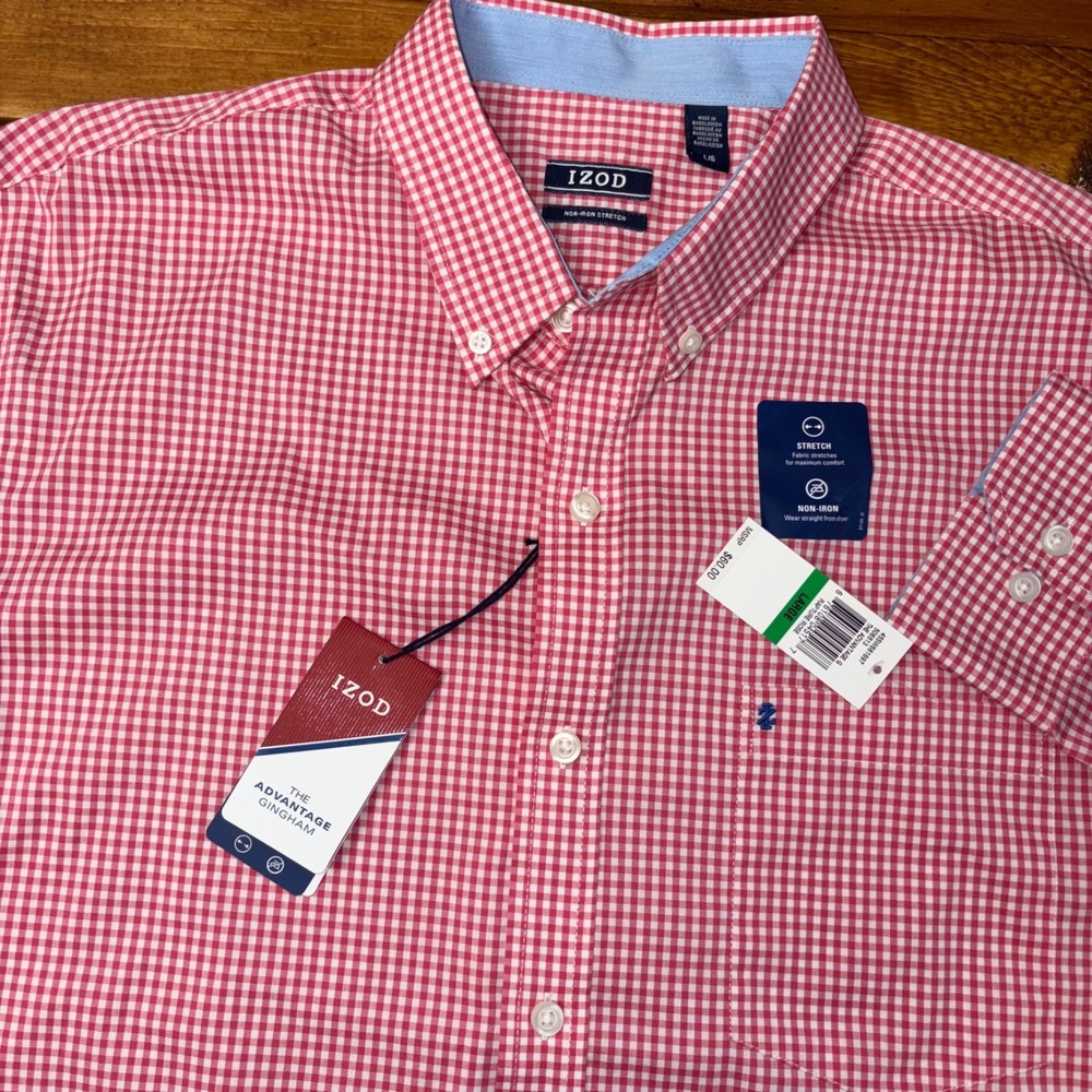 IZOD Button Down Shirt Mens Large Red Gingham The Advantage Non-Iron Stretch NEW